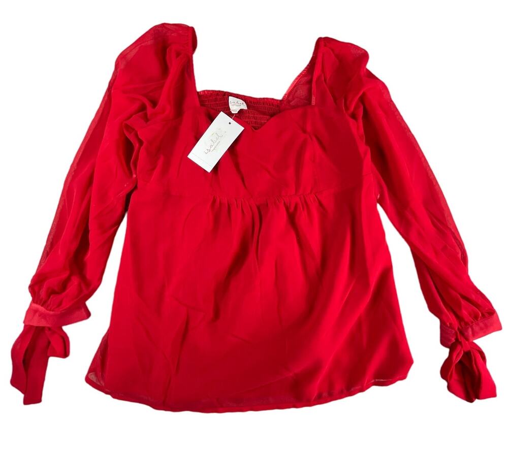Isabel Maternity Shirt Womens Small Red Blouse Tie Wrist Long Sleeve Smocked NWT